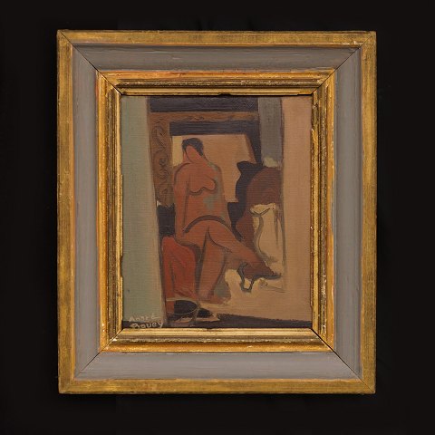Pierre André Bouey, 1898-1976, Stilleben mit Frau. 
Öl auf Leinen. Signiert. Lichtmasse: 26x21cm. Mit 
Rahmen: 39x34cm