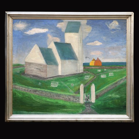 Jens Søndergaard, 1895-1957, oil on canvas. The 
church in the village Ferring. Signed and dated 
1943. Visible size: 126x137cm. With frame: 
133x154cm