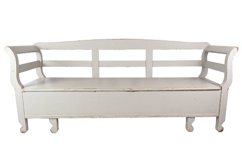 Grey painted gustavian
wooden bench with storage and in great antique condition from the 1840s. 
5000m2 showroom.