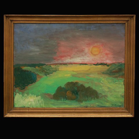 Jens Søndergaard, 1895-1957, Öl auf Leinen. 
Landschaft mit Sonne. Signiert und datiert 1954. 
Lichtmasse: 89x110cm. Mit Rahmen: 107x121cm