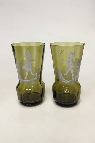Presumably German glass. Set of two vases in green glass with white decoration