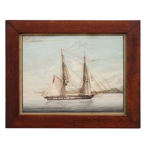 A small ship painting, watercolor. Signed 
"Petersen" circa 1860. Visible size: 19x24cm. With 
frame: 25x30cm