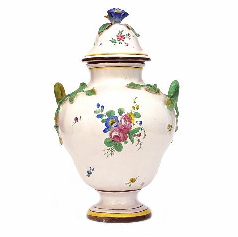 Polychrom decorated lidded faience vase. 
Marieberg, Sweden, circa 1766-69. H: 40cm