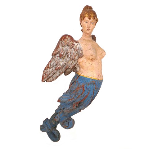 Large woodcut figurehead in the shape of a mermaid 
with wings. Northern Europe circa 1850. H: 135cm