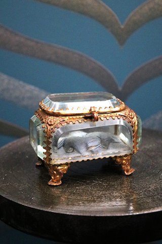 Antique French jewelry box in bronze with faceted glass and silk cushion...