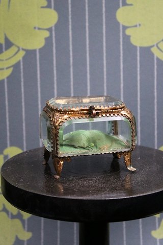 Antique French jewelry box in bronze with faceted glass and silk cushion...