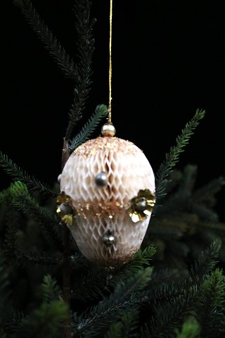 Old Christmas tree ornament from around 1930 in the shape of a ball made of 
paper, small glass balls...