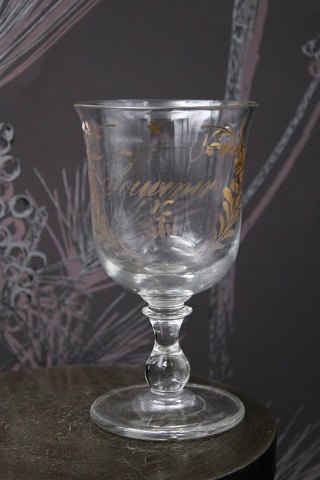 Old French souvenir wine glass with engraved inscription "Souvenir" 
with remnants of gold decoration.