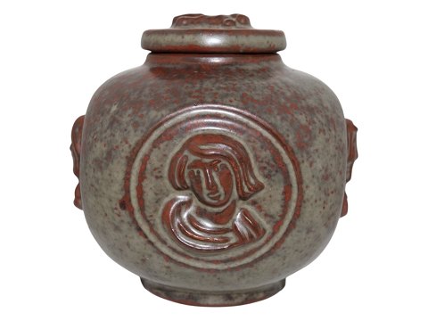 Royal Copenhagen art pottery
Lidded bowl with faces by Jais