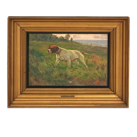 Simon Simonsen, 1841-1928, oil on canvas. Pointer 
with hunter. Signed and dated 1917. Visible size: 
23x32cm. With frame: 39x48cm