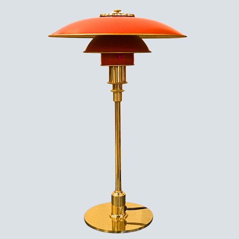 Poul Henningsen; PH 3/2 table lamp, with red lacquered shade Poul Henningsen; PH 3/2 table lamp, with red lacquered shade