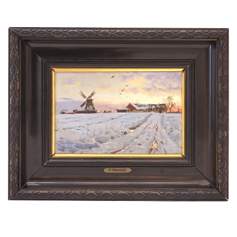 Peder Mønsted, 1859-1941, Öl auf Leinen. Winterlandschaft. Signiert und datiert 1911. Lichtmasse: 15x22cm. Mit Rahmen: 31x38cm