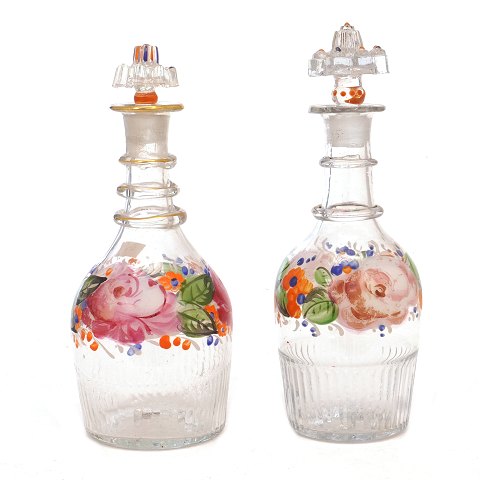 Set of two enamel decorated carafes circa 1860-80. H: 18-19cm