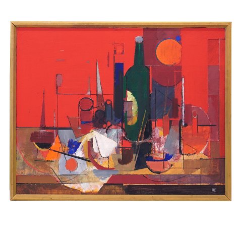 Helge Ernst, 1916-91, oil on canvas. "The Green Bottle", signed and dated 1975. Visible size: 59x73cm. with frame: 64x78cm