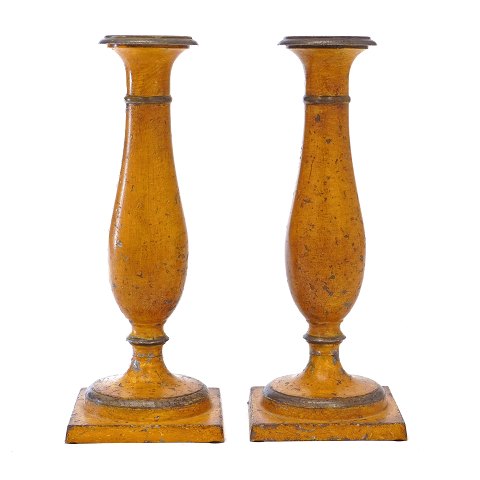 Pair of Danish mid 19th century yellow decorated pewter candlesticks. Denmark circa 1840. H: 21cm