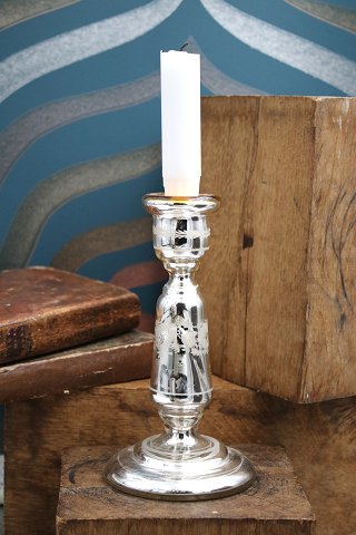 Antique, 19th century candlestick in mouth-blown Mercury Glass with etched floral motif. H: 17cm.