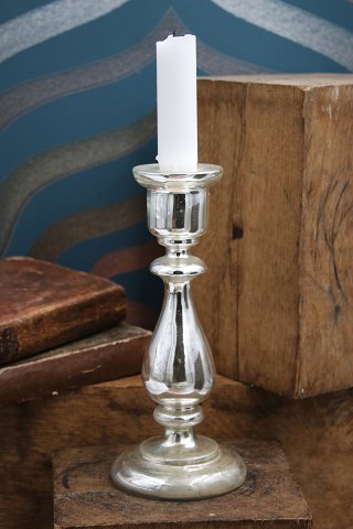 Antique, 19th century candlestick in mouth-blown Mercury Glass. H: 19cm.