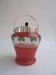 Red biscuit 
barrel with 
plated lid, 
England approx. 
1880.
22 cm. in 
height.