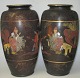 Couple of 
Japanese vases, 
19th century. 
Pottery. With 
brownish glaze 
and 
hand-painted 
scenes of ...