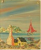 Von Gusiko b. 
1923: A section 
of Greenland. 
Bygt with 
sailing ship 
and snowy 
mountains in 
the ...
