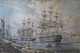 Hand-colored 
lithograph, 
19th century. 
British 
warships in a 
port. 28 x 43 
cm.
Framed.
