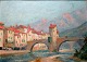 Unknown artist 
(20th century): 
Town with 
Bridge. Oil on 
mahogany plate. 
Signed. 24 x 33 
cm.
Framed.