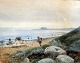 Rohde, Frederik (1816 - 1886) Denmark: A man on the beach, north of Kronborg. Watercolor. ...