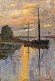Moser, 
Christian (1838 
- 1894) 
Holland: 
Sailing ships 
on a river - 
evening. Oil on 
canvas. ...