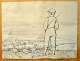 Danish artist 
(19th century): 
A boy looks 
after the 
geese. Pen on 
paper. Signed: 
Monogram 1878. 
...