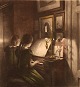 Peter Ilsted: Interior with two girls at the piano. Signed Peter Ilsted. Mezzotint in colours. ...