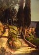Robert Vernet-Bonfort (f. 1934), fransk kunstner. Olie på lærred. Cypresser i 
Beaulieu sur mer, den franske riviera. 1980