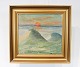 Painting with 
motif of a 
sunset and with 
gilded frame 
signed by H. 
Ellemann. The 
painting is in 
...
