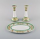 Limoges, 
France. Two 
candlesticks 
and a dish in 
hand-painted 
porcelain with 
green edge and 
gold ...