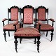 Three armchairs in dark wood and upholstered with red fabric, in great antique condition. The ...