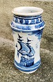 Spanish 
Albarello white 
glazed jar in 
faience with 
blue text and 
motif of 
Spanish galleon 
...