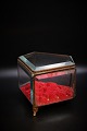 Large 1800 
century French 
jewelry box in 
bronze, 5 edged 
with faceted 
glass, Red 
velor cushion 
...