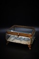 Large 1800 
century French 
jewelry box in 
bronze with 
faceted glass, 
light blue silk 
cushion at ...
