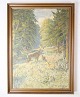 Landskabsmaleri, 
malet på 
lærredet med 
guldramme motiv 
af skov og 
dådyr fra 
omkring 
1930'erne.  ...