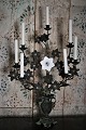 Antique French candlestick in dark patina decorated with 2 fine old white opaline glass flower ...