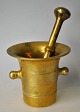 Antique Danish brass mortar with pestle, 19th century. With two handles in the form of knobs. H: ...