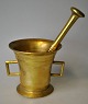 Antique Danish brass mortar with pestle, 19th century. With two handles. Indistinctly stamped. ...