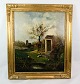 Fine art in the form of landscape oil painting on canvas with motif of church, chickens and ...