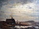 Budtz, Agnes Ottilie (1853 - 1930) Denmark: Heath landscape with house - evening. Oil on ...