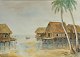 Unknown artist (20th century): Houses by the water. Watercolor. Signed: C. Willson. 28 x 38 ...