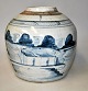 Blue/white Chinese bojan without lid, 19th century. Hand-painted decoration of man fishing by a ...