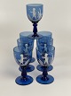 Set of 7 Mary Gregory white wine glasses in cobalt blue with painted motif in white with girls ...