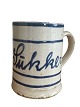 Large, Danish earthenware mug with handle - for sugar. White coating with blue paint under clear ...