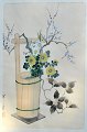 Ashikaga, Shizud (1917 - 1991) Japan: Flowers in a wooden bucket. Woodcut. Signed. 39 x 25 ...