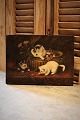 Oil painting on canvas of 4 small kittens playing in a flower pot. Measures: 24x33cm. Signed 1930.