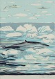 Aka Høegh, Greenlandic painter. Color lithograph on paper.Greenlandic sea motif with whales, ...